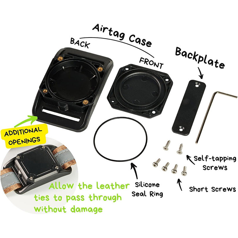 AirTag holder parts: case, backplate, seal ring, screws and hex key