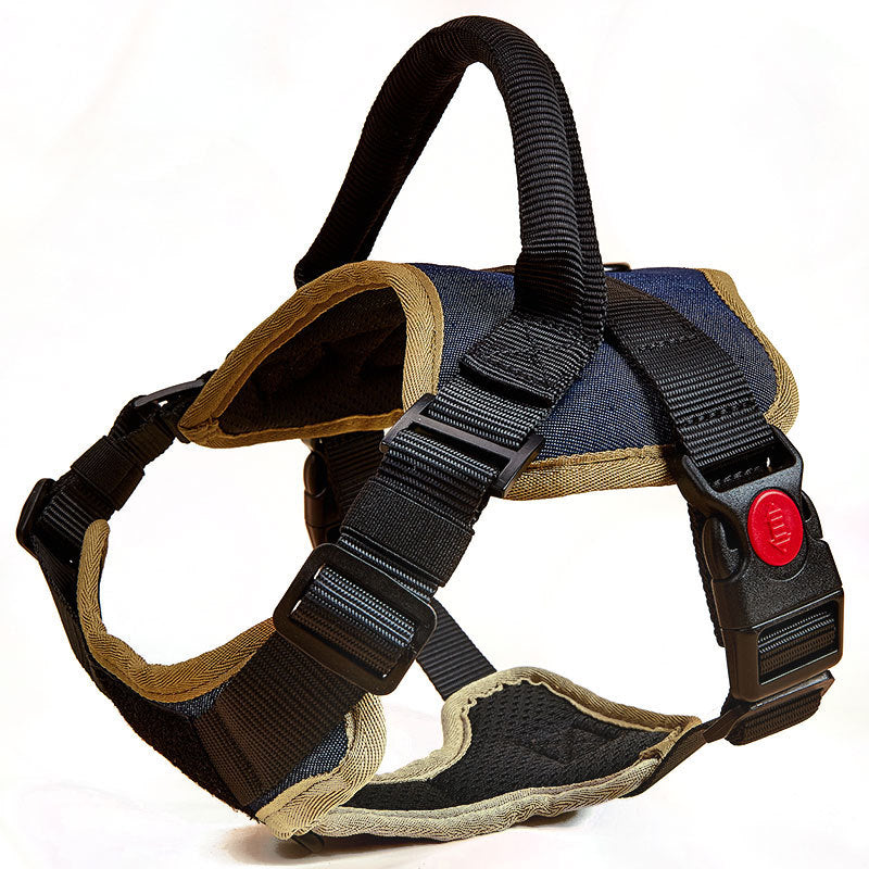 Side view of the padded dog harness showing the top grab handle and quick-release buckle