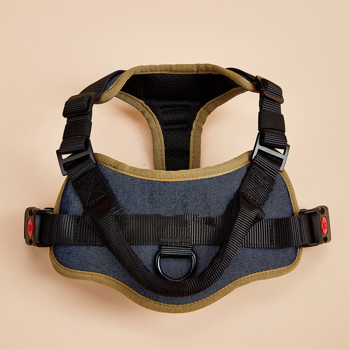 Retro blue padded dog harness with tan trim