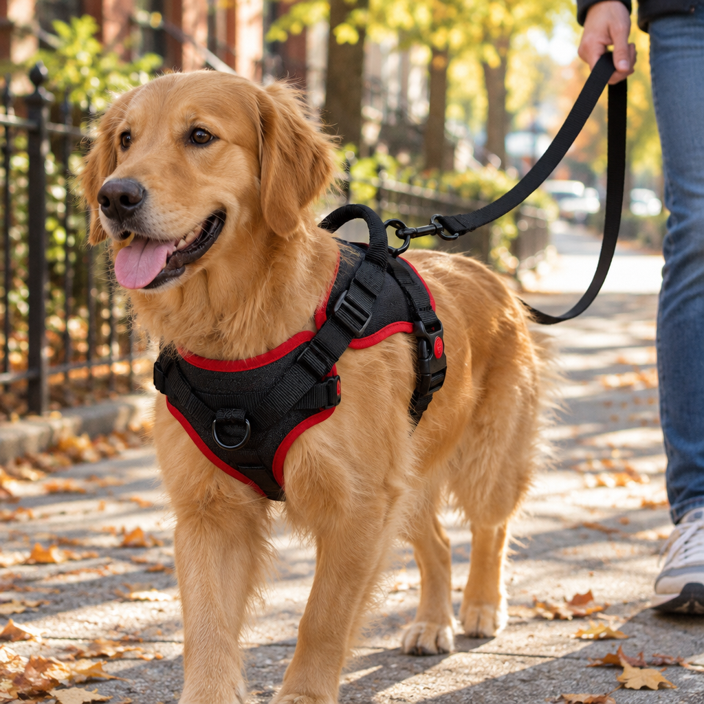 Golden retriever walking calmly on a city sidewalk in the black no-pull harness