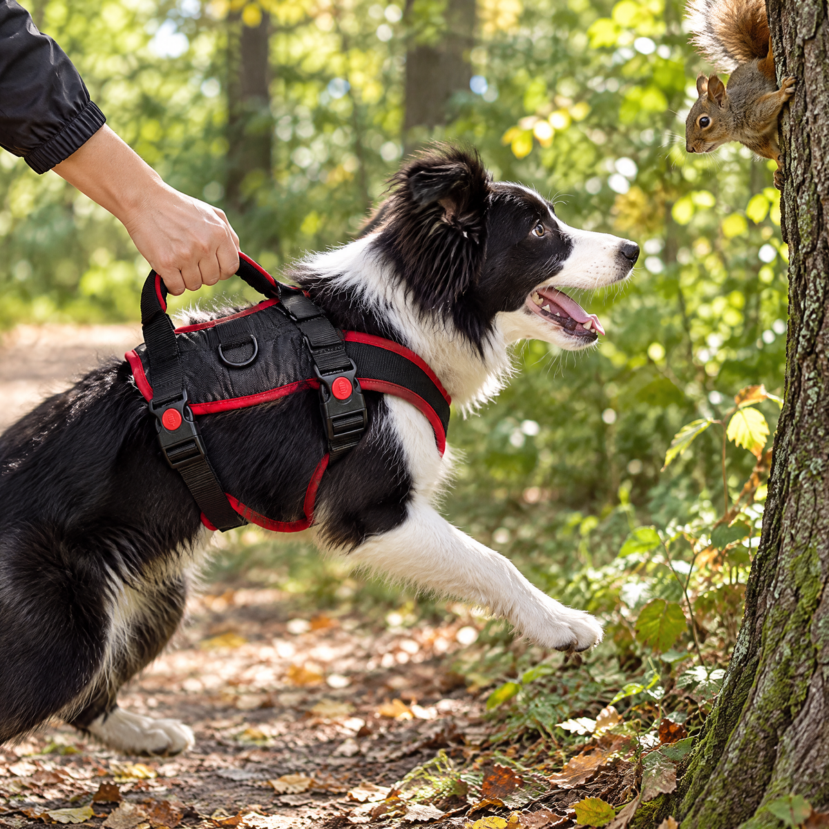 Owner holding the top grab handle as a border collie lunges at a squirrel