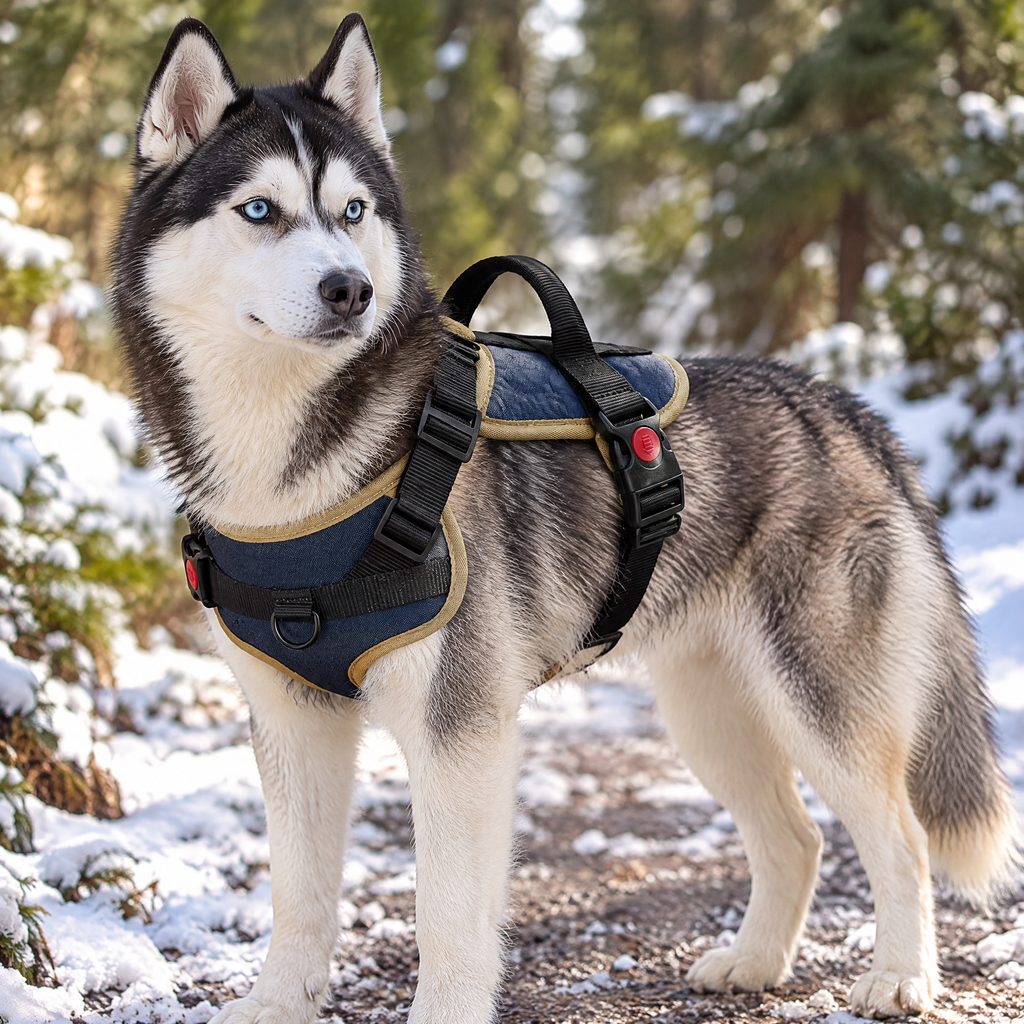 Husky wearing the retro blue padded harness with tan trim