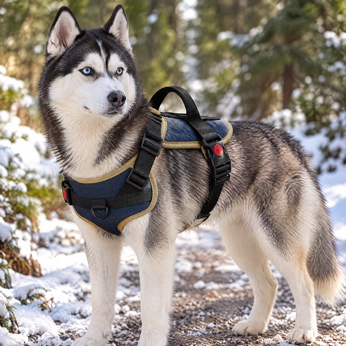 Husky wearing the retro blue padded harness with tan trim