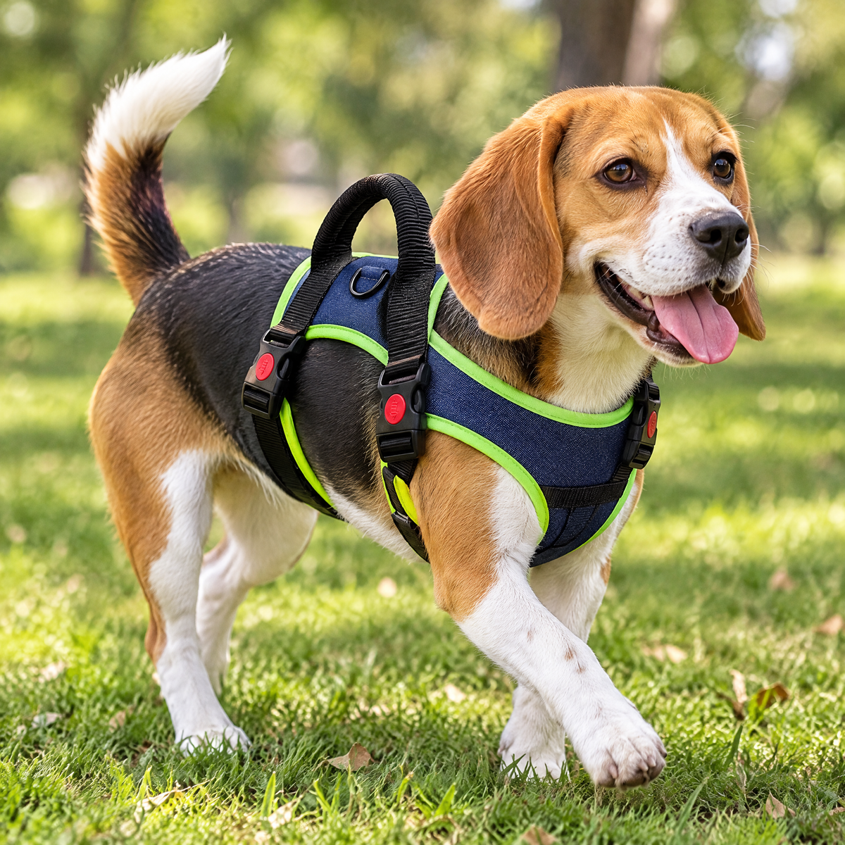 Beagle wearing the denim blue padded harness with lime trim