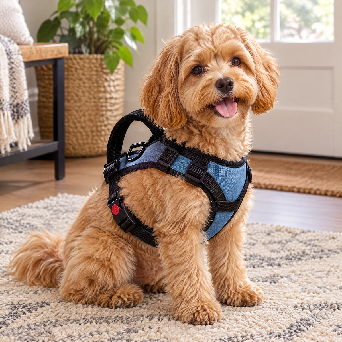 Cavapoo wearing the light blue padded harness