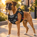 Boxer wearing the camo black padded harness