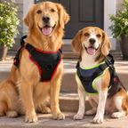 Two dogs in two harnesses: black with red trim and denim blue with lime trim