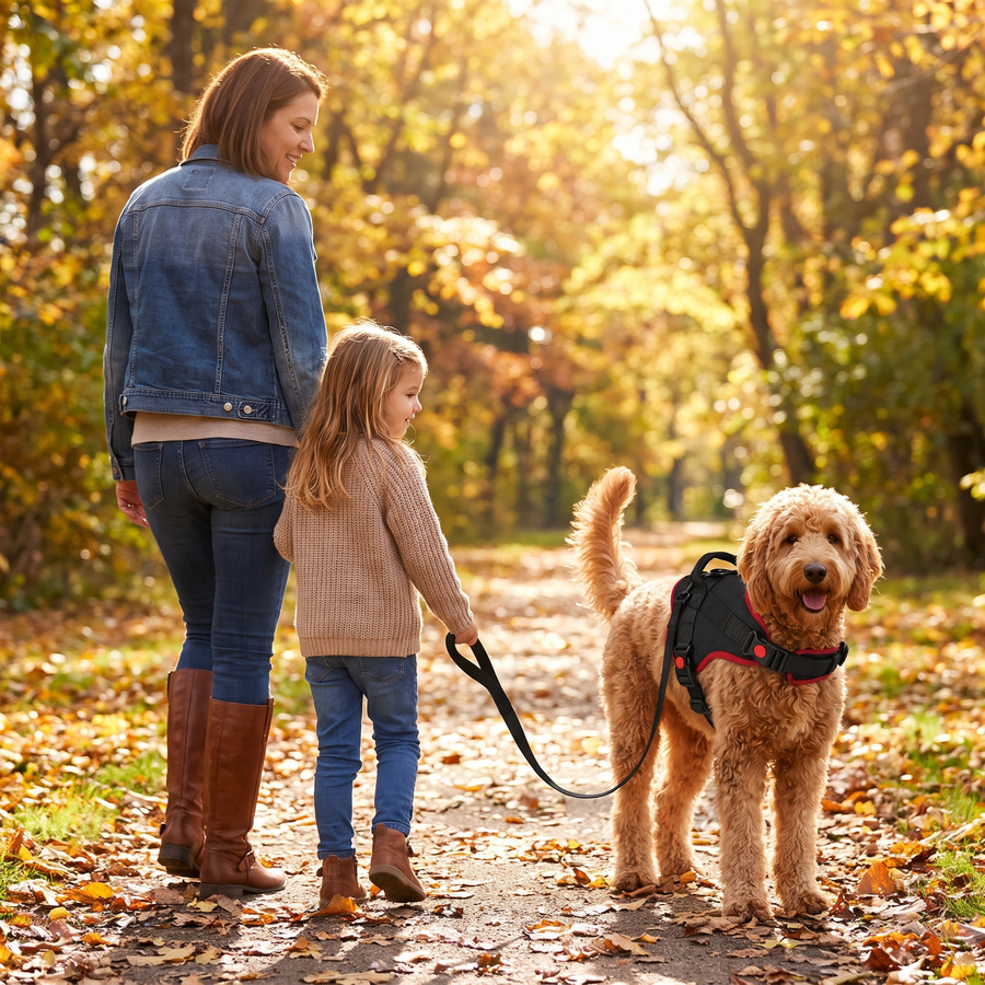 Mom and daughter walking a goldendoodle in the black harness